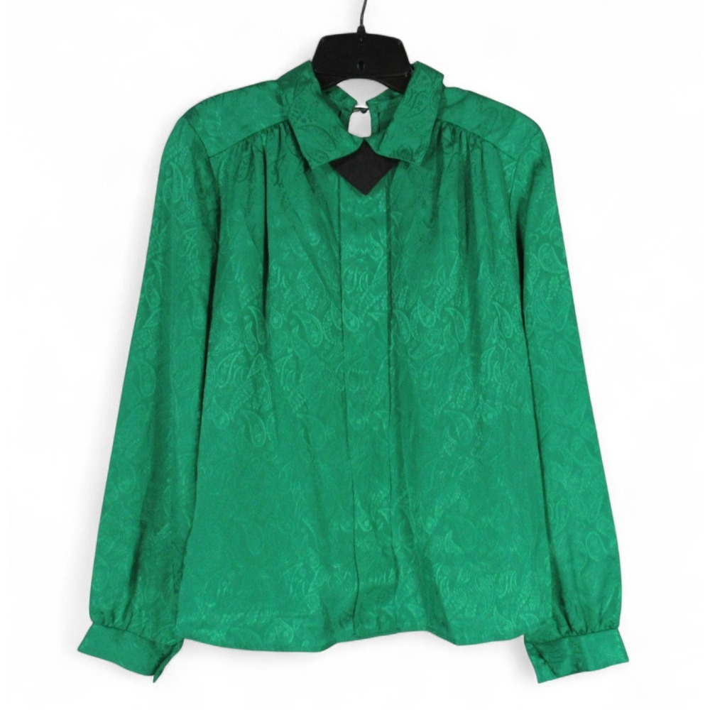 VTG ELLEN-D KOLLECTION Jacquard SATIN Button-Back HIGH NECK Pleated BLOUSE/TOP M